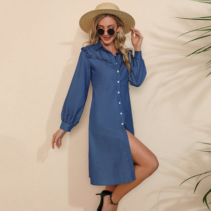 Primavera otoño mujer ropa cuello oreja de madera Color sólido Denim Vestido de manga larga