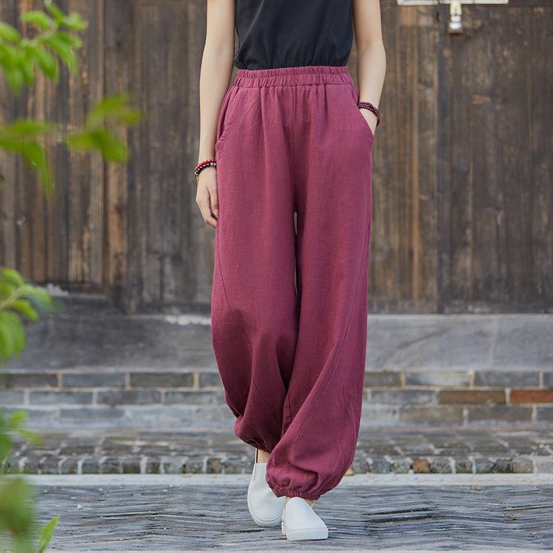 Primavera Verano Algodón Lino Ropa de mujer Retro Lavado a la piedra Ramio Sección de bambú Pantalones casuales Mujeres Algodón Lino Knickerbockers Pantalones de yoga