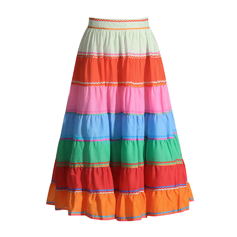 Vacation Rainbow Striped Skirt Autumn High Waist Stitching Colorful Loose Slimming Midi Skirt for Women