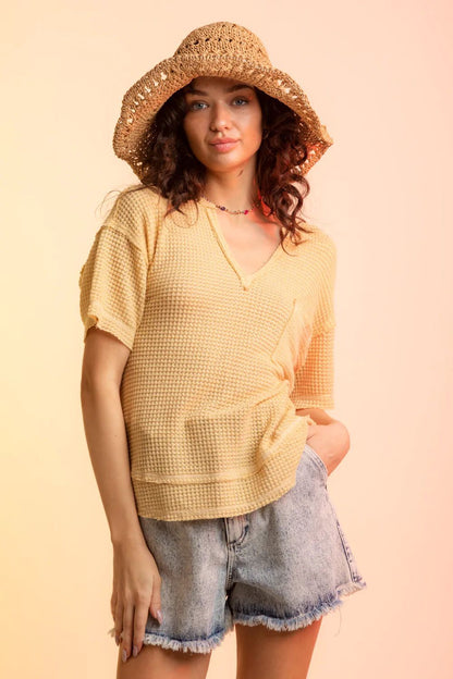 Sommer Damen T-Shirt Kurzarm V-Ausschnitt Waffeltop