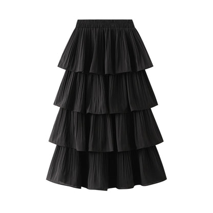 Wooden Ear Stitching Pleated Big Hem Skirt Women's Summer Mid Length Tiered Dress