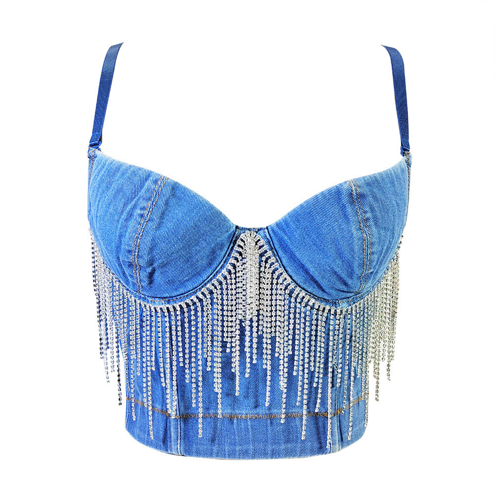 Triangle Cup Boning Corset Corset Short Sexy Tassel Chain Decoration Vest Denim Camisole V neck Tube Top