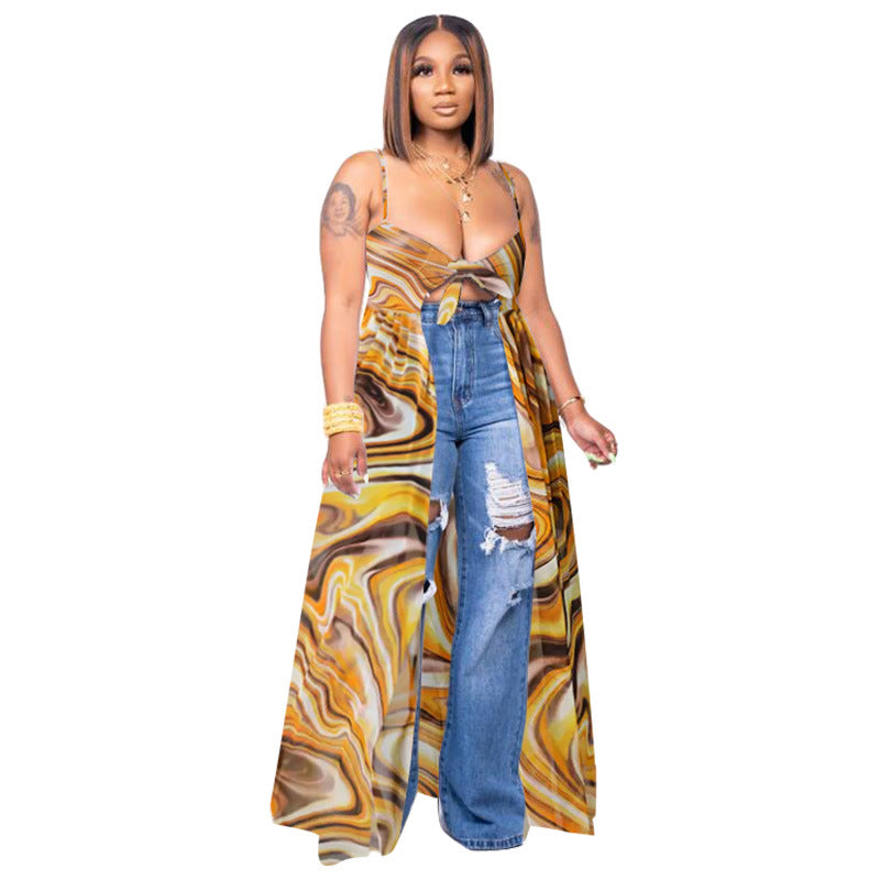 Women Clothing Sexy Camisole Multicolor Floral Print Slit T-shirt Plus Size