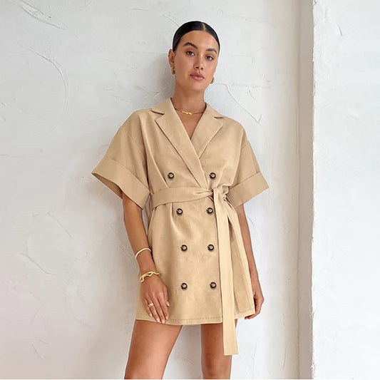 Vestido de oficina francés con cordones controlados en la cintura para mujer, chaqueta de manga corta con doble botonadura de alta calidad, ropa de verano para mujer