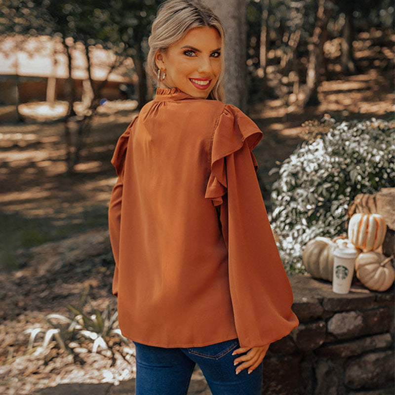 Shirt Women Long Sleeve V neck Pullover Lantern Sleeve Loose Ruffles Solid Color Buttons Top Women