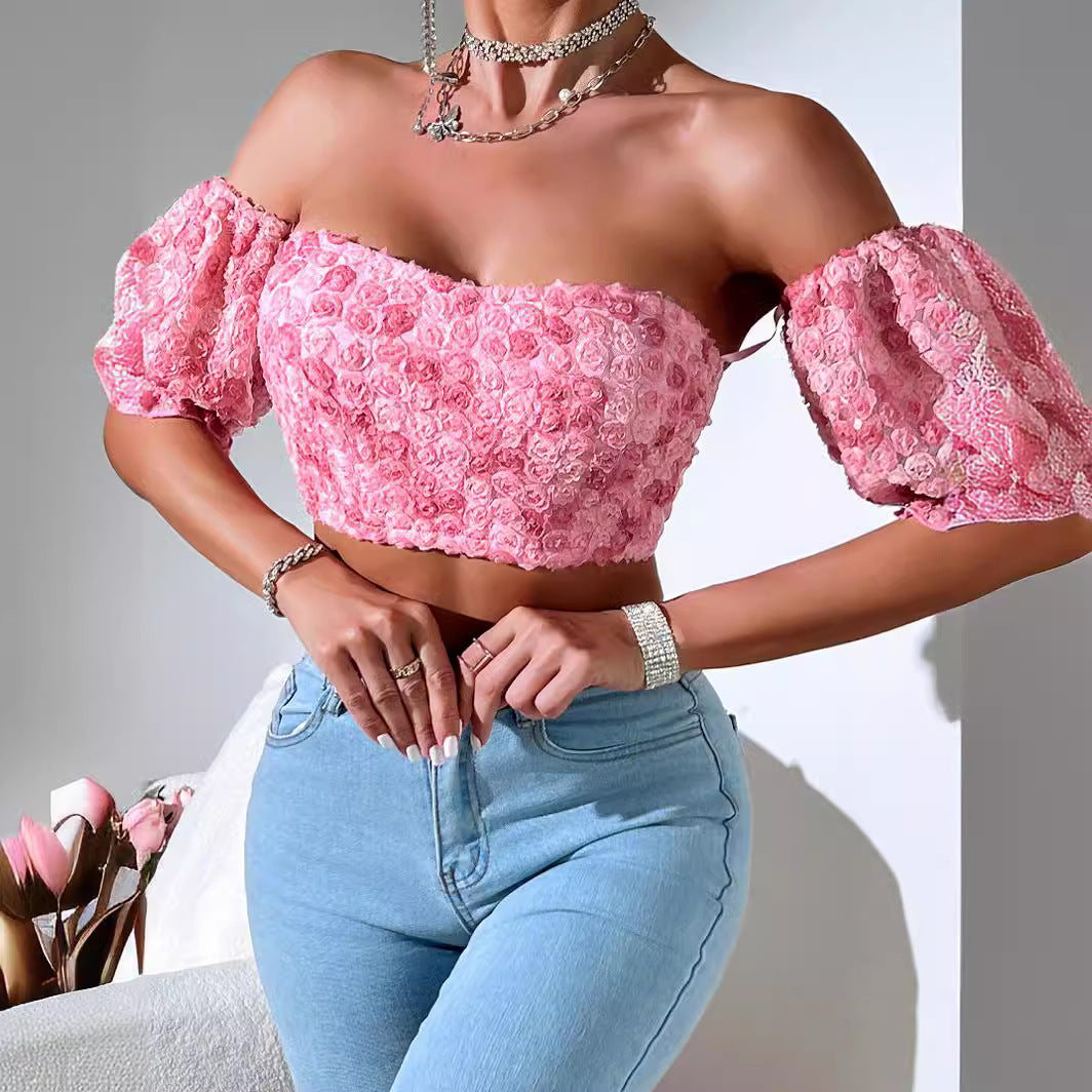 Ropa de verano sexy para mujer de alta sociedad, decoración especial, hombros descubiertos, manga corta, chaleco bordado, top de tubo