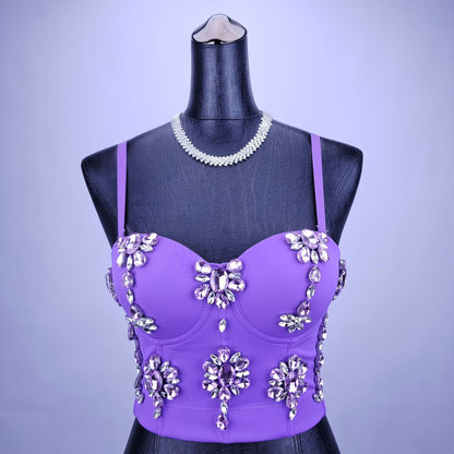 Women Summer Diamond Decoration Spaghetti Strap Slim Fit Boning Corset Strap Short Top Women