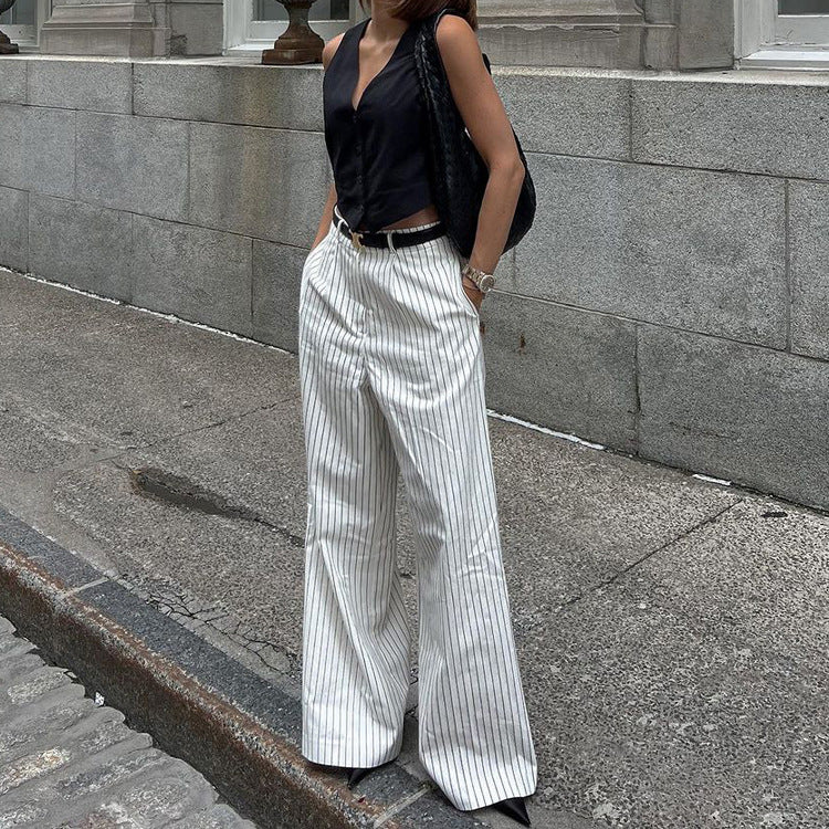 Pantalones de pierna ancha informales a rayas blancas y negras simples Retro, pantalones de trabajo salvajes para primavera y otoño para mujer