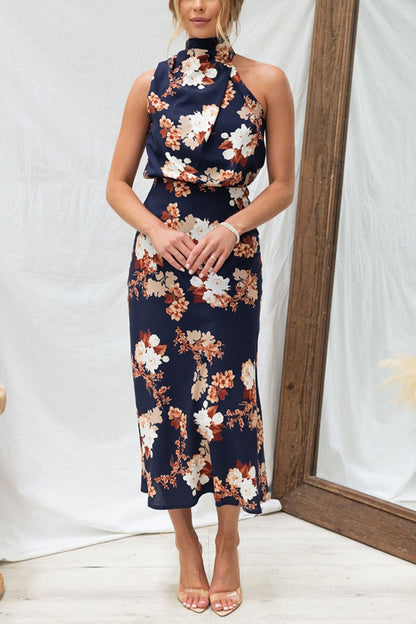 Mature Elegant Women Sleeveless Halter Printed Satin Dress