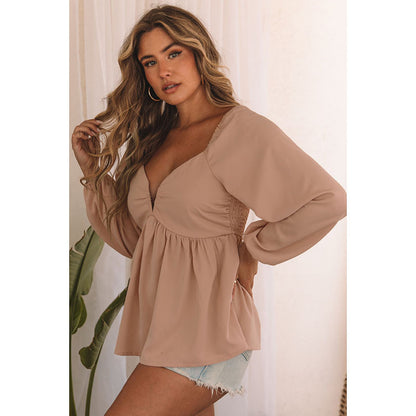 Sexy Loose V Neck Long Sleeved Shirt Women Autumn Solid Color Pleated Design Pullover Women