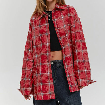 Retro Classic Cotton Red Plaid Shirt Summer Street Distressed Cardigan Collared Blouse for Commuting Women