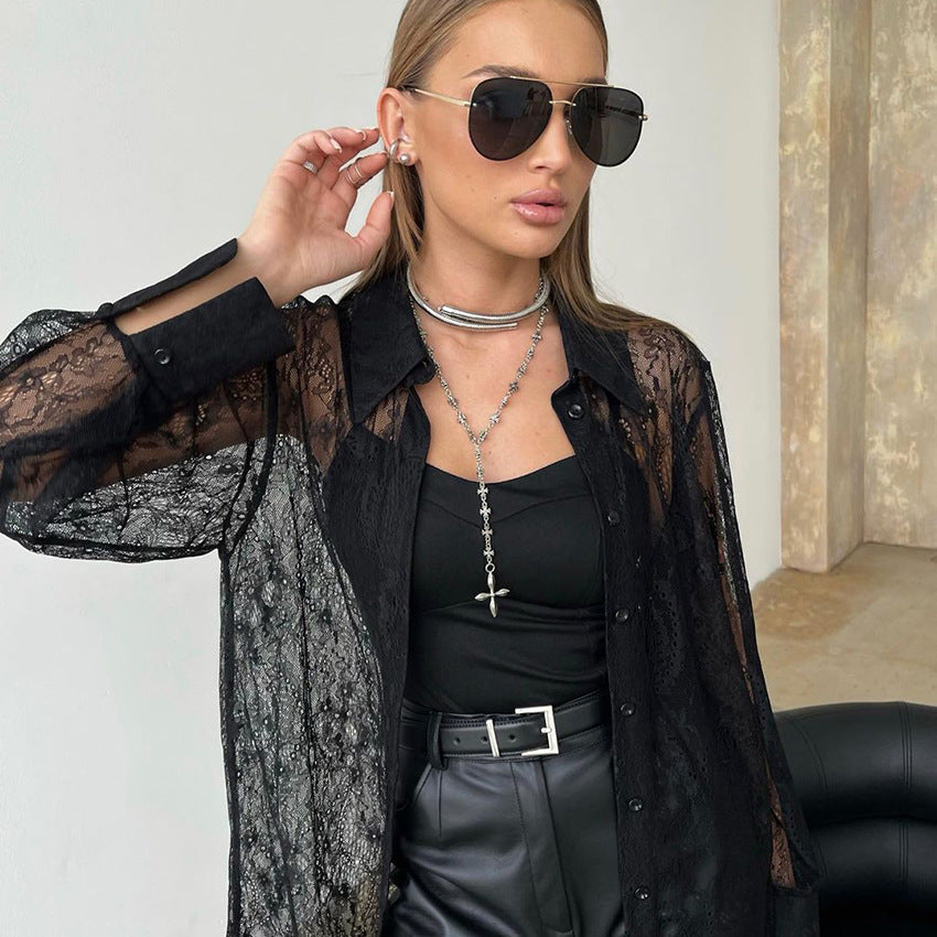 Camisa de verano popular transpirable con perforaciones negras sexy con cuello de manga larga con encaje, camisa clásica rusa de jacquard para mujer