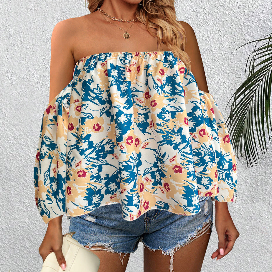 Women Clothing Off Shoulder Printed Shirt Vacation Top