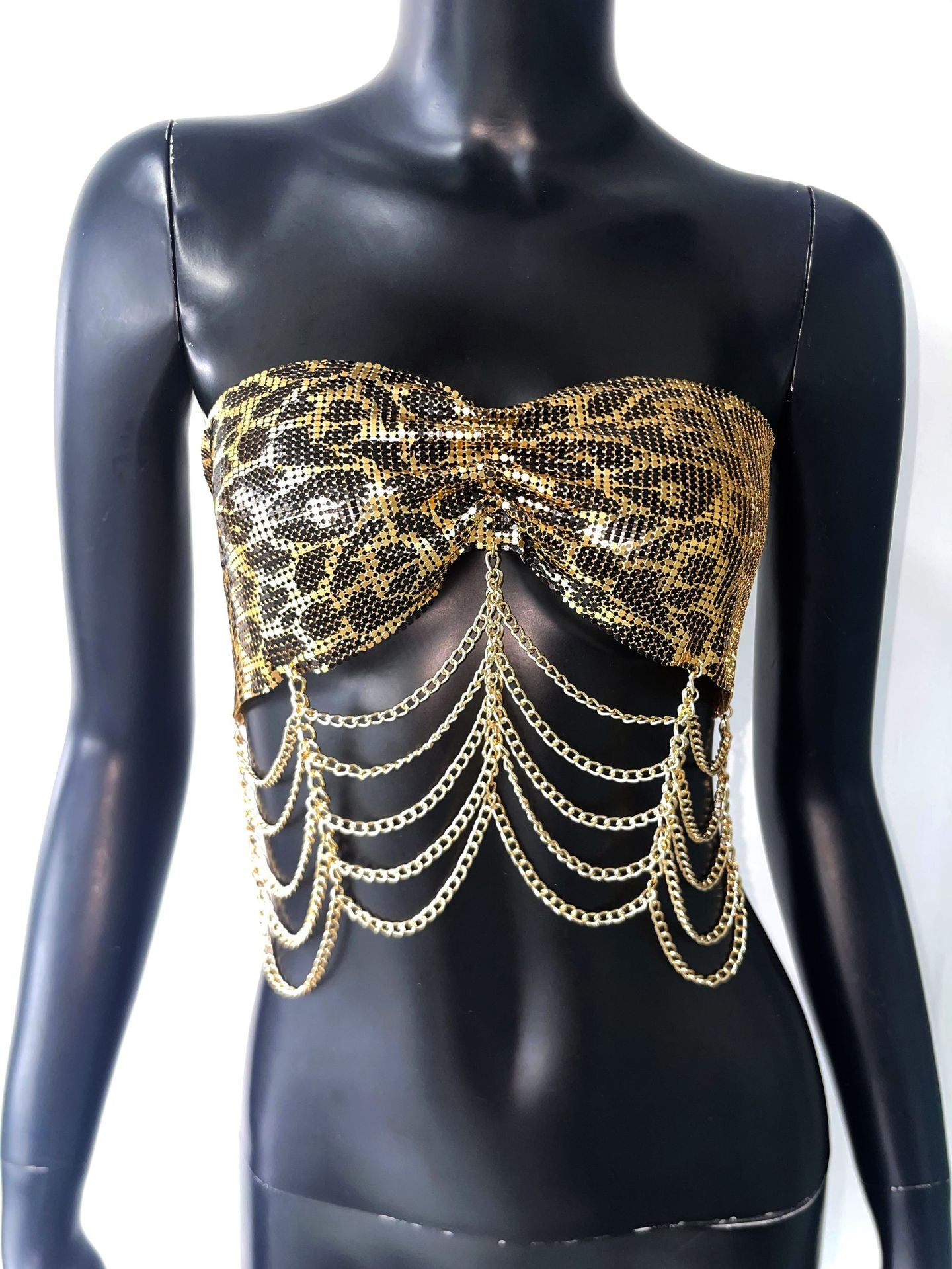 Nightclub Rhinestone Sexy Strap Tube Top Metal Sequ Leopard Print Strap Sexy Clothing