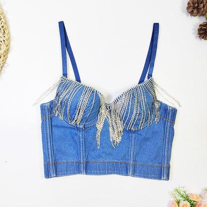 Sexy Denim-Tube-Top mit Brustpolster, kurzes ärmelloses, figurformendes Top mit Strass-Quasten und Korsett mit Stäbchen