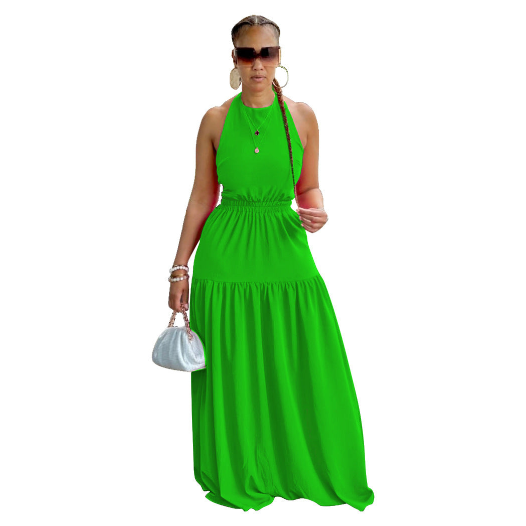 Women Clothing Dress Sling Solid Color Sleeveless Sexy Backless Large Long Summer