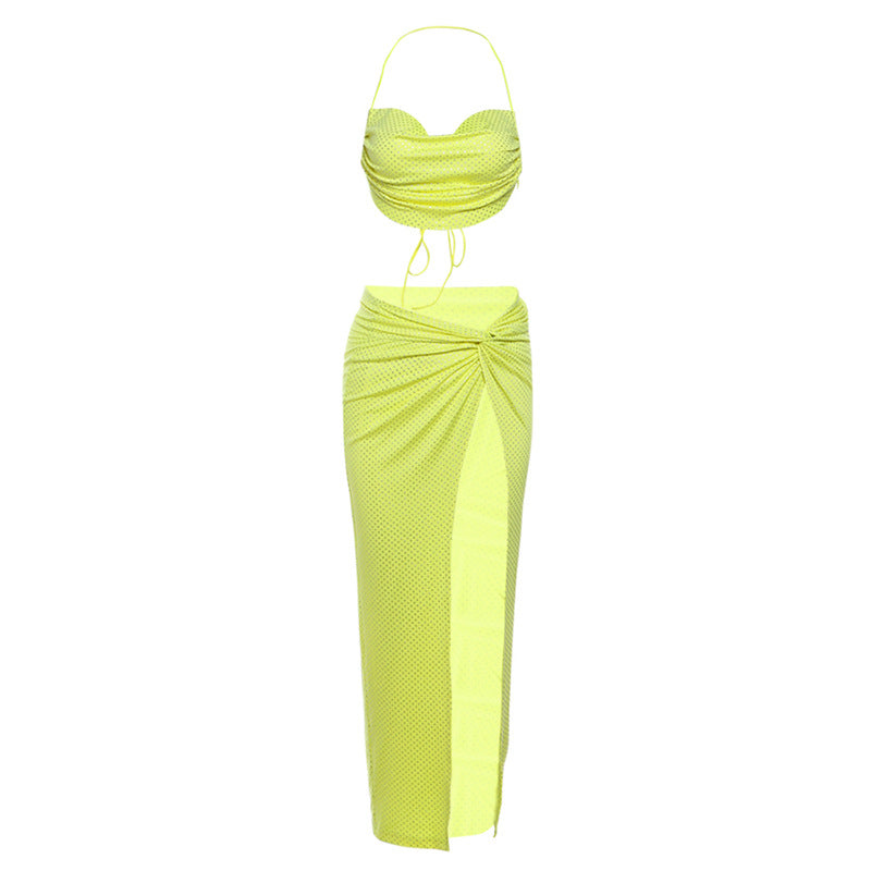 Spring Summer Women Clothing Sexy Pile Collar Sling Personality High Slit Skirt Diamond Set