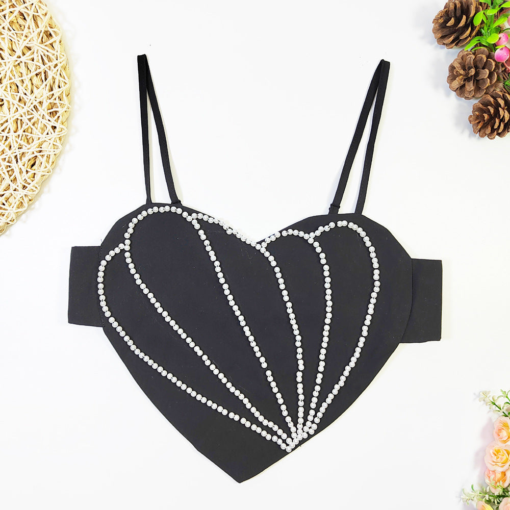 Love Heart Bib Type Pearl Suspender Inner Wear Outer Wear Bare Back Tube Top Sweet Cute Nightclub Heart Shaped Sexy Lingerie