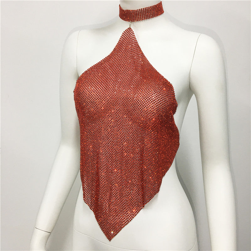 Ropa de mujer con cuello Halter y tirantes finos, ropa Sexy para discoteca, Top asimétrico Irregular con diamantes de imitación de Metal