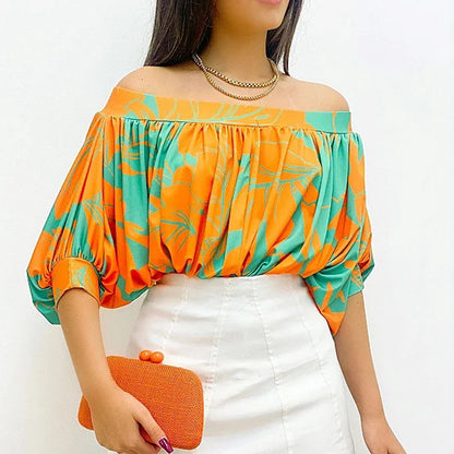 Summer Women off Shoulder off Neck Loose Top Batwing Sleeve Short Sleeve Top