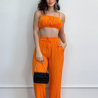 Summer Women Solid Color Sleeveless Cropped Outfit Sexy Trousers Women Two Piece Set