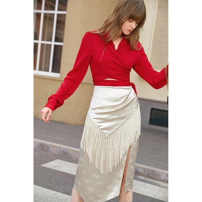 Summer Luxury Dark Pattern Tassel Split Skirt for Women