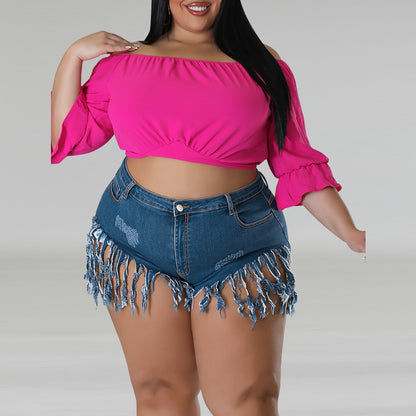 Plus Size Women Clothing Denim Tassel Fit Shorts