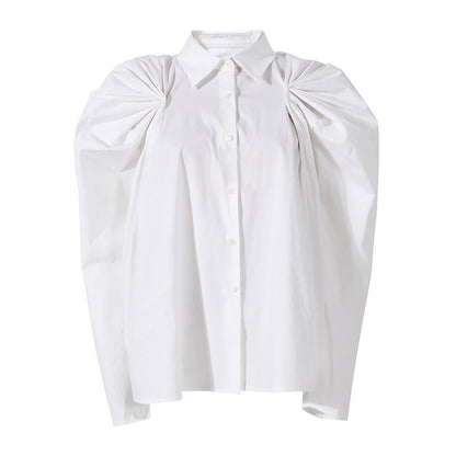 Temperamental Minority Polo Collar Top Spring Raglan Sleeve Single Breasted Shirt Puff Sleeve Pleated Profile Solid Color Lining