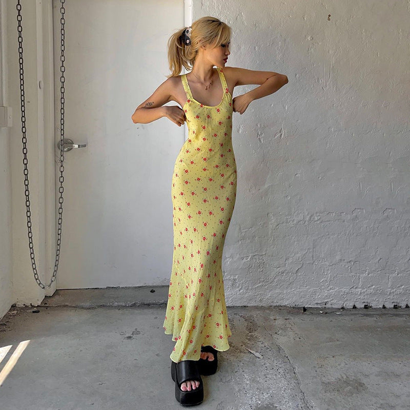 Vestido largo con tirantes florales pequeños para vacaciones de verano, ropa de mujer