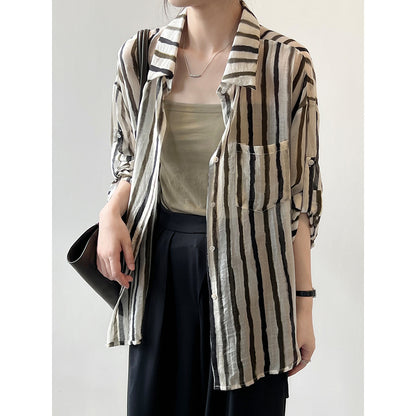 Thin Vintage Striped Shirt Women Summer Loose Stylish Long Sleeves Cardigan Shirt