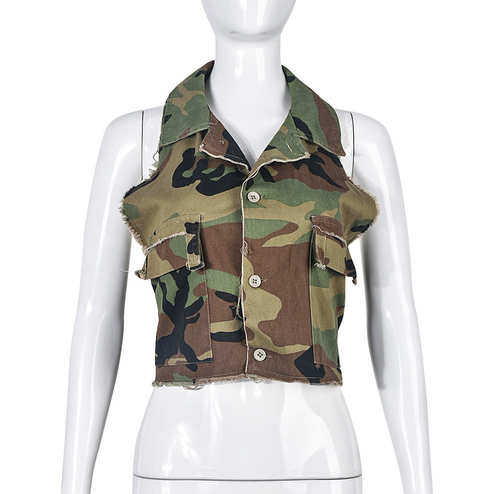 Top de tubo con cuello halter y diseño de camuflaje para primavera y verano, con cordones, para mujer