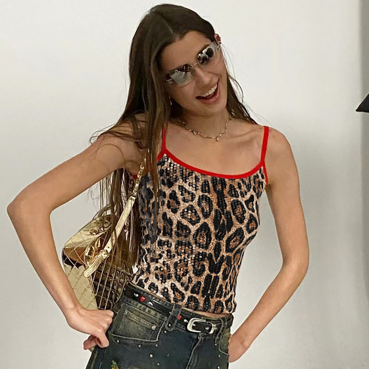 Ropa de mujer Verano Estampado Sexy Leopardo Estampado Lentejuelas Sling Tube Top