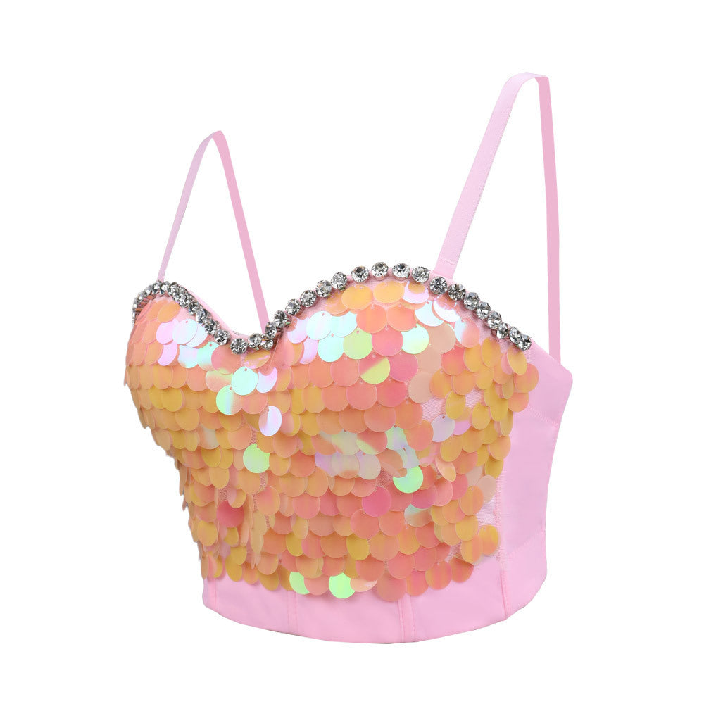 Sequin Rhinestone Sweet Sexy Boning Corset Bra Strap Nightclub Outdoor Bra