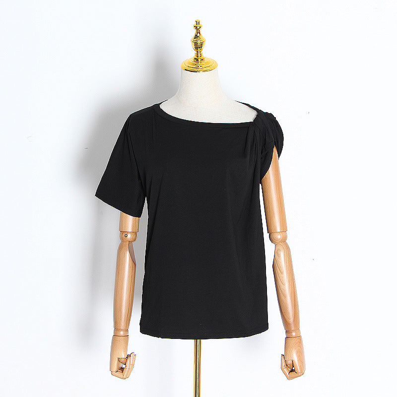 Special Solid Color T shirt Autumn Irregular Asymmetric Shoulder Twist Design round Neck Pullover Cotton Short Sleeve