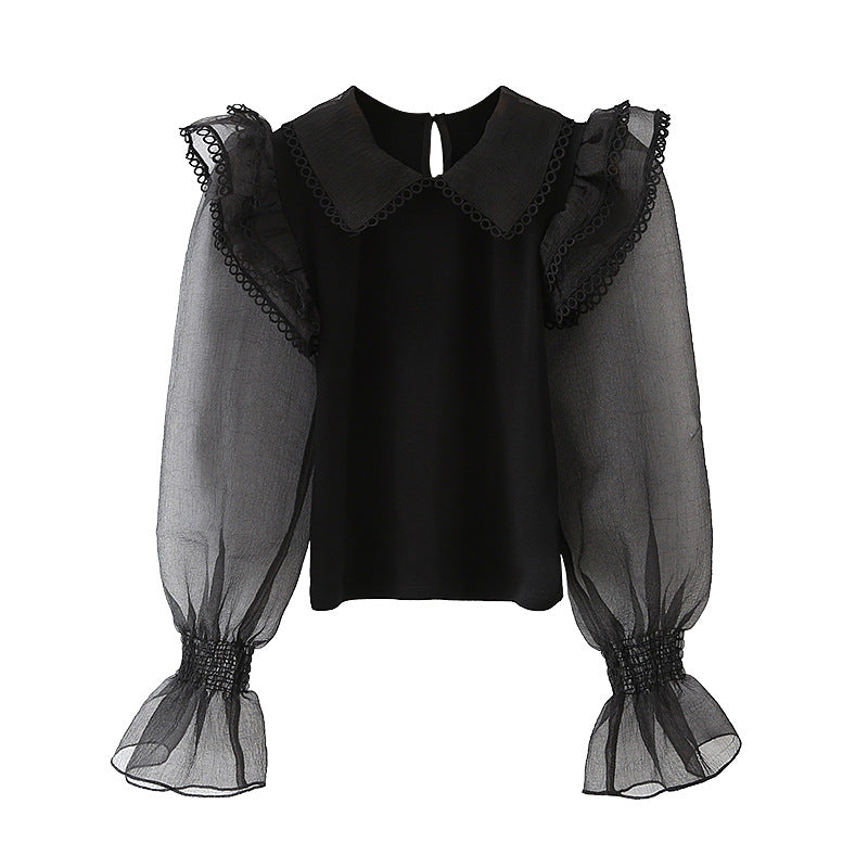 Women Spring Clothing Transparent Organza Stitching Collared Knitted Top Shirt for Women