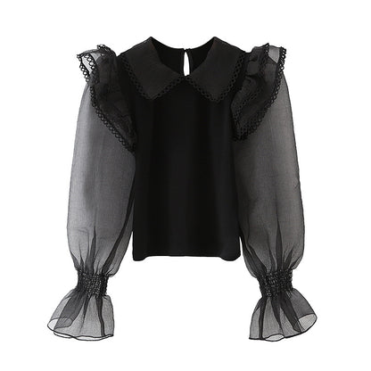 Women Spring Clothing Transparent Organza Stitching Collared Knitted Top Shirt for Women