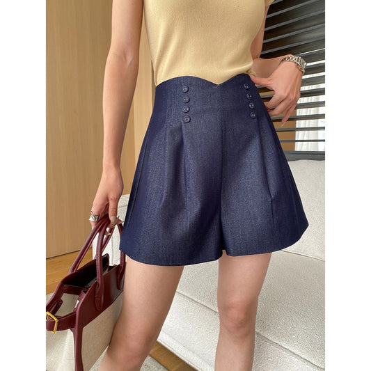 Niche Design Stand Cut Bud Shaped Waist Imitation Tencel Slimming Casual A line Shorts