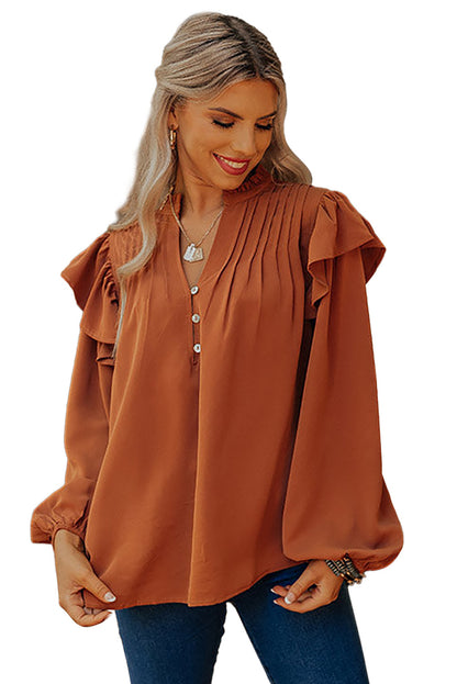 Shirt Women Long Sleeve V neck Pullover Lantern Sleeve Loose Ruffles Solid Color Buttons Top Women