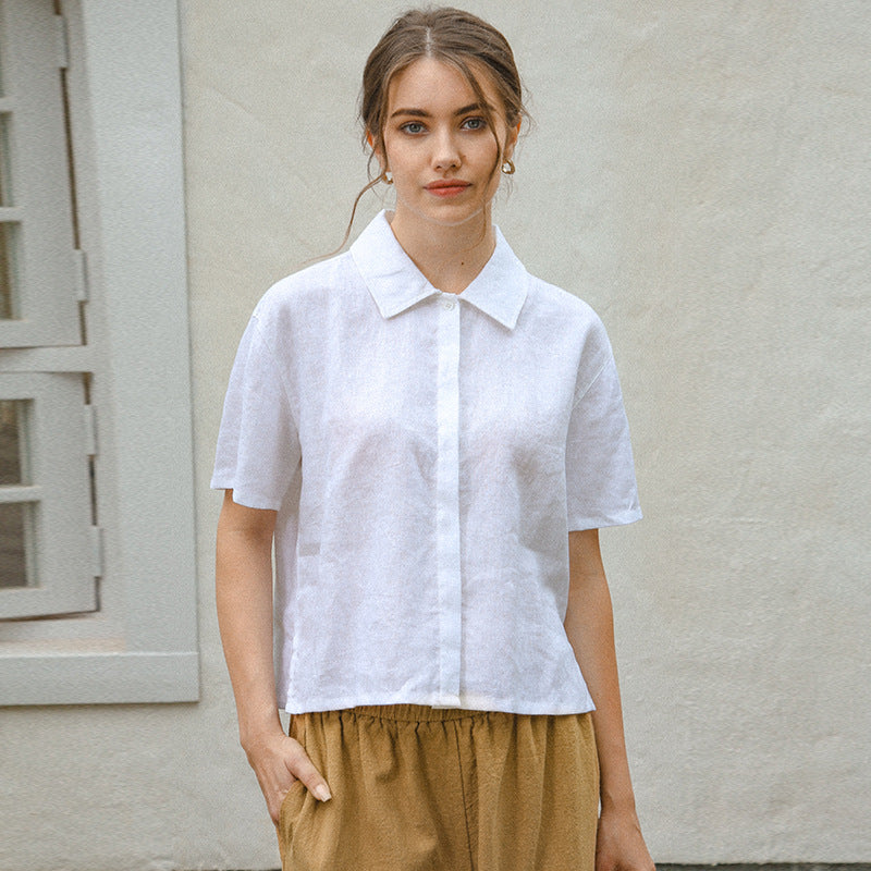 Camisa de lino puro con textura para mujer, Top de manga corta con cuello a juego para oficina de minoría francesa