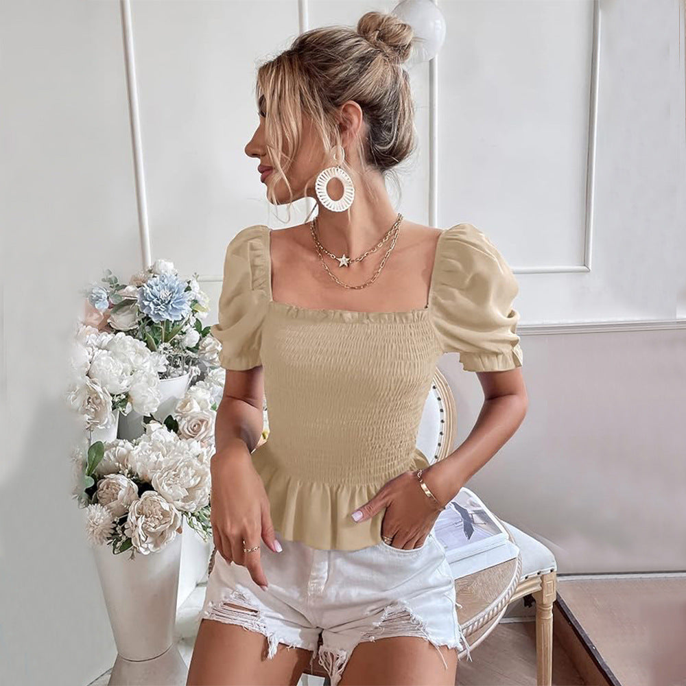 Französischer quadratischer Kragen, einfach passendes tailliertes Oberteil mit Puffärmeln, Sommer, schlankmachendes, elegantes T-Shirt für Damen