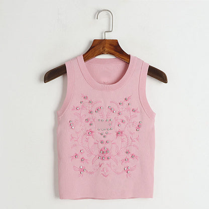 Round Neck Vest Women Early Summer Machine Embroidery Rattan Floral Print Western Slimming Knitted Top