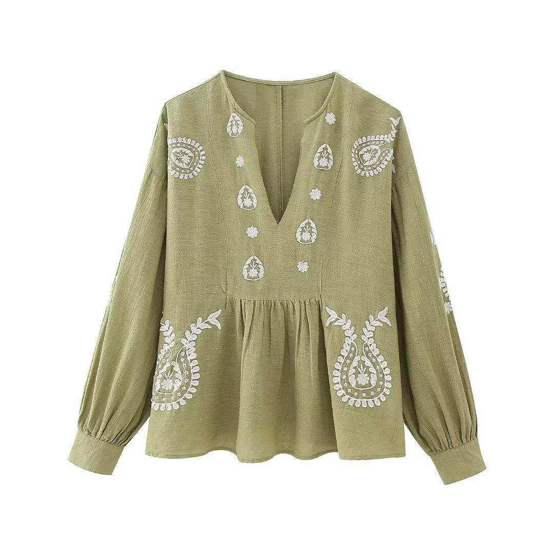 Women Long Sleeve V neck Embroidery Shirt