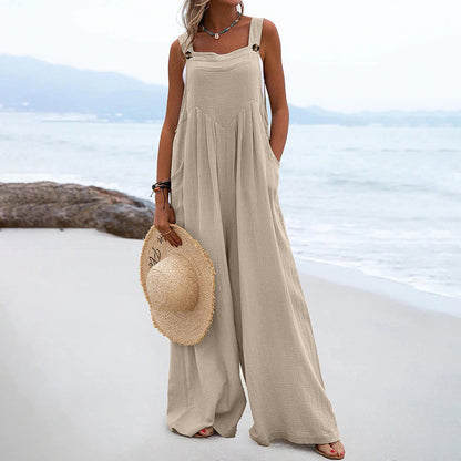 Damenbekleidung Sommer-Overall Ethno Einfarbiger Jumpsuit mit weitem Bein