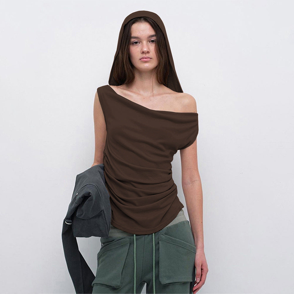 Trendy Niche Swing Collar Off Shoulder T Shirt Autumn Winter Simple High Sense Solid Color Slimming Top