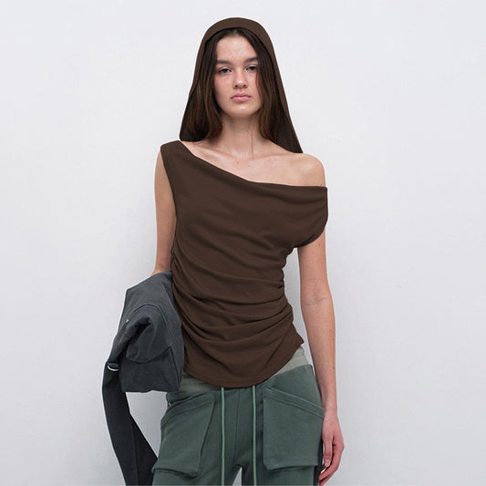 Trendy Niche Swing Collar Off Shoulder T Shirt Autumn Winter Simple High Sense Solid Color Slimming Top