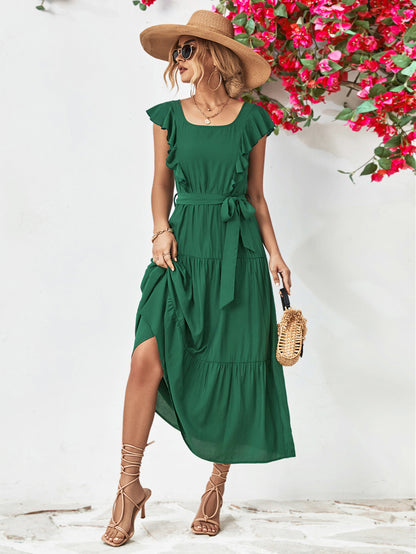 Popular Women Clothing Square Collar Ruffled Dress