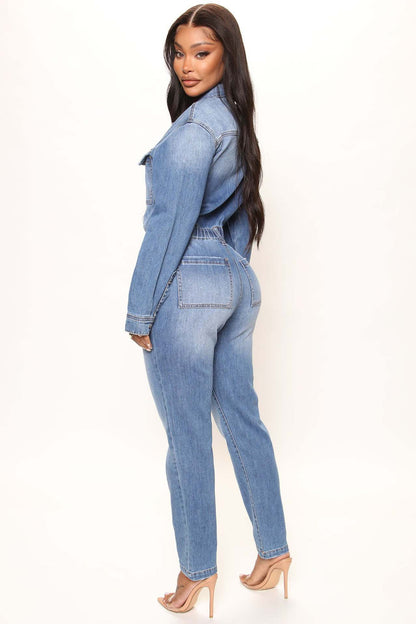 Women Slim Elastic Feet Wash Denim Jumpsuit