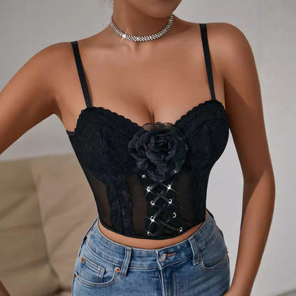 Sexy Sexy Mesh Wrapped Chest Strap Floral Boning Corset Casual Women Vest