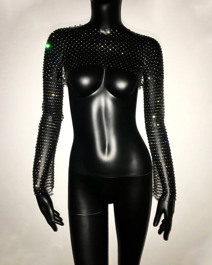 Women Clothing Fishnet Rhinestone Long Sleeved Top Stretch Sexy T shirt