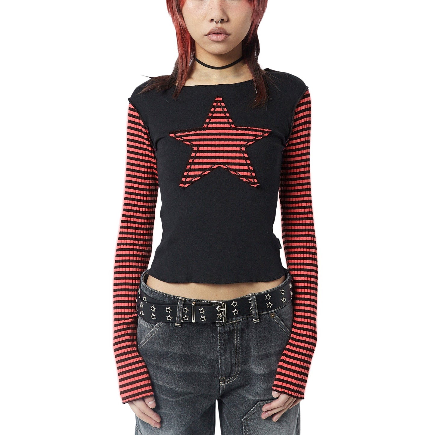 Star Stripes Sweet Cool Women Long Sleeve Striped Stitching T shirt Five Pointed Star Embroidered Casual Top